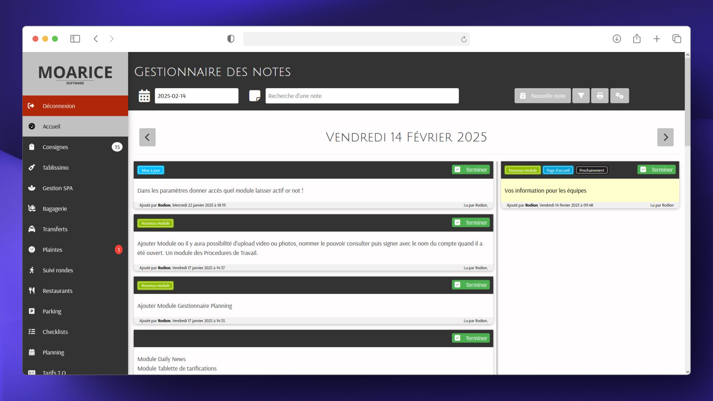 Cahier de consignes avancé